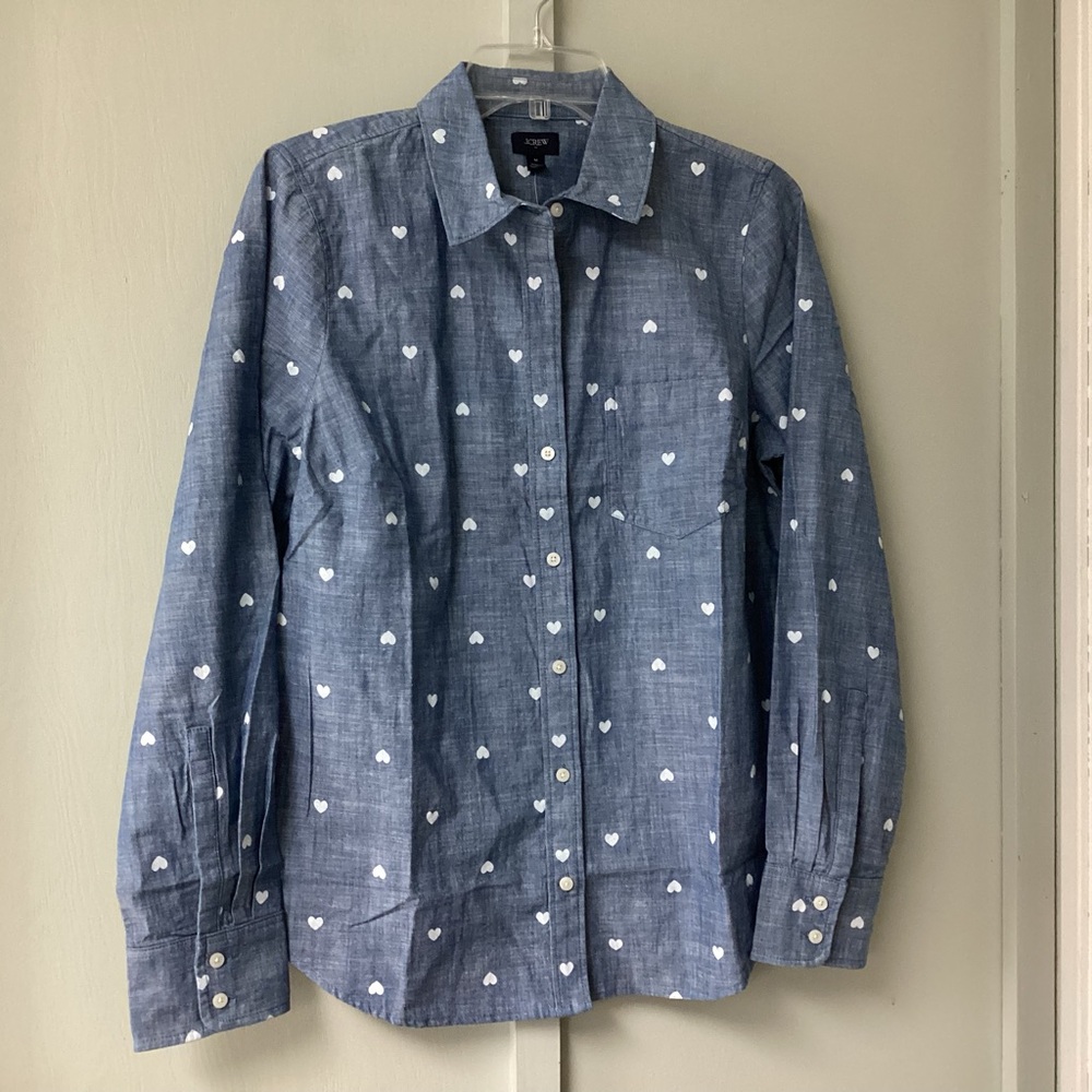 J. Crew Chambray Blue Heart-Print Button Down Shirt Size M